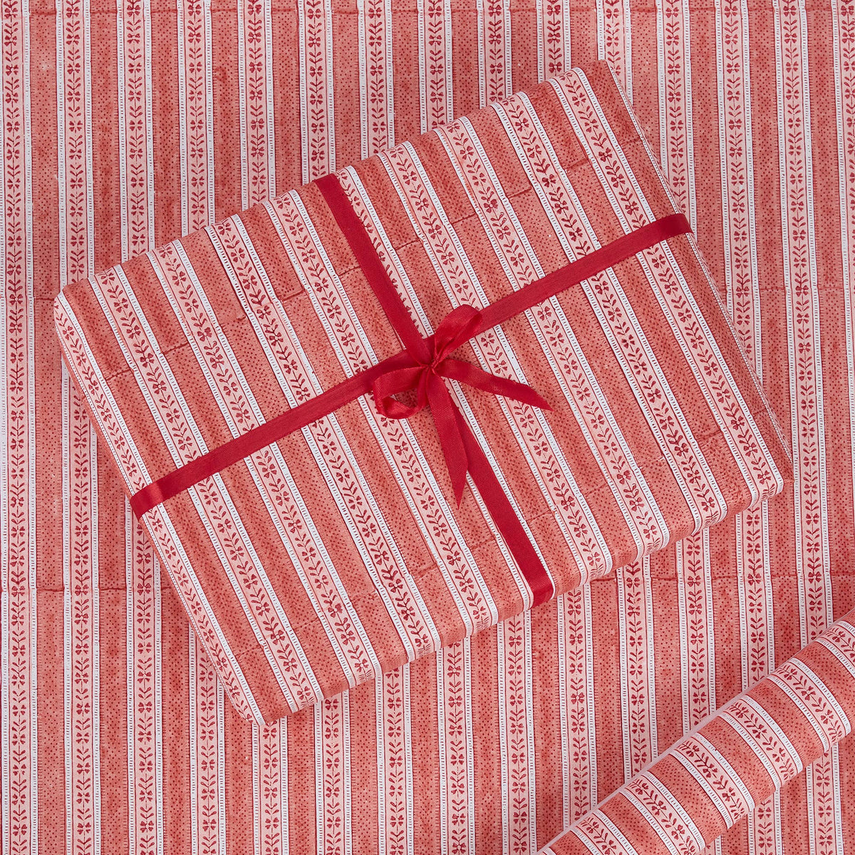 Block Print Wrapping Paper Sheets- Red Floral Stripe