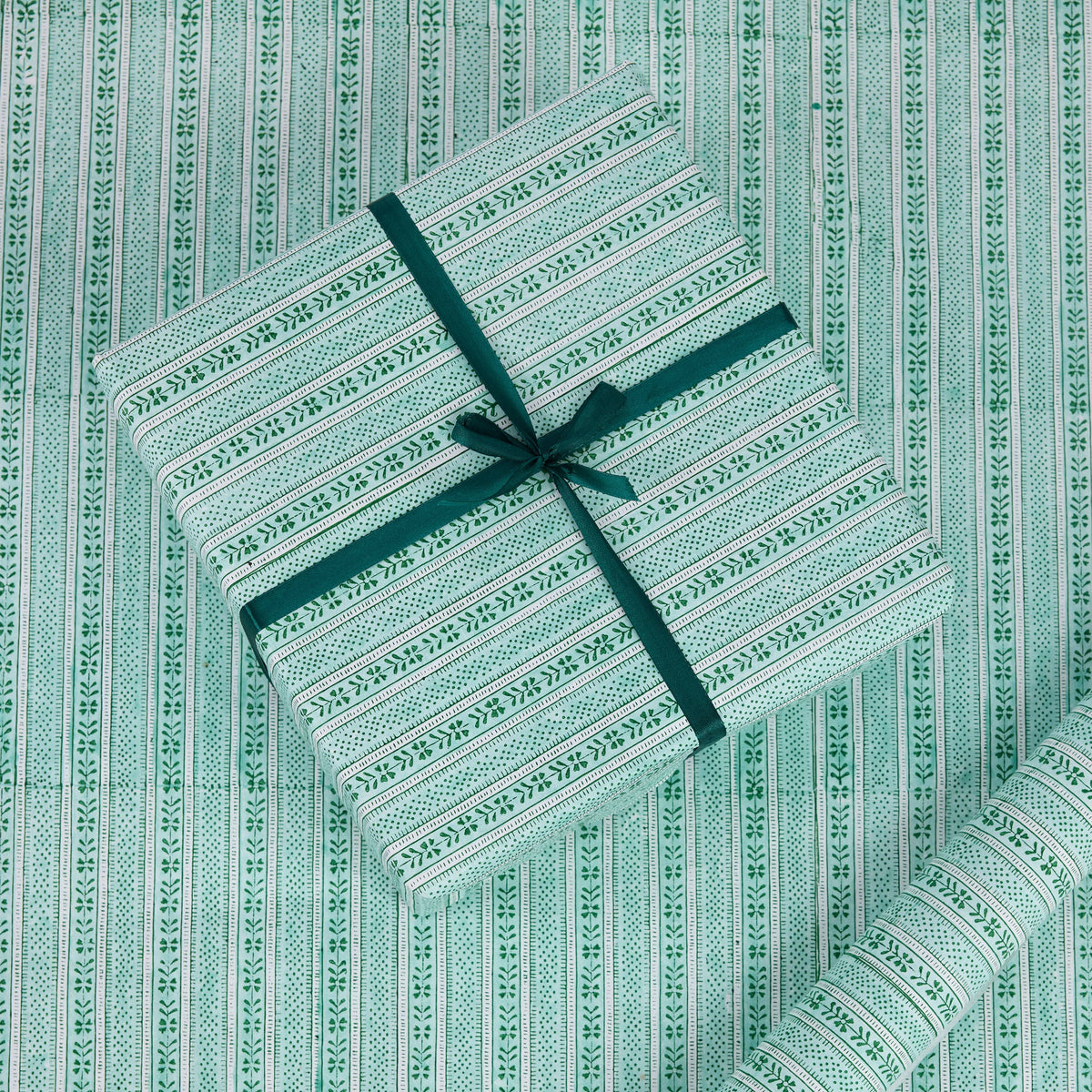 Block Print Wrapping Paper Sheets- Green Floral Stripe