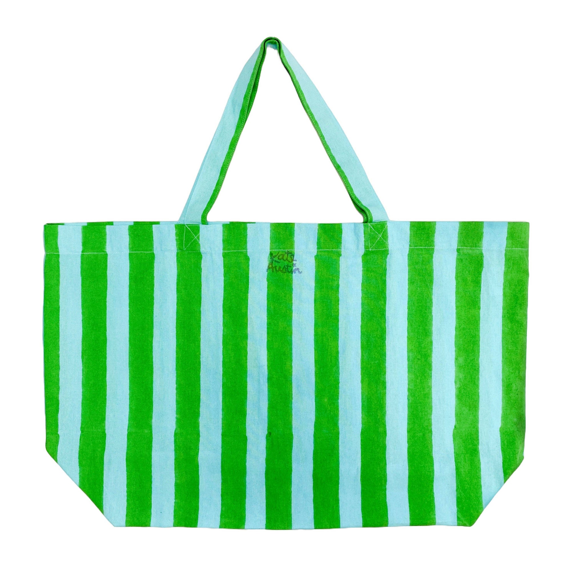 Market Tote- Blue + Green Cabana Stripe