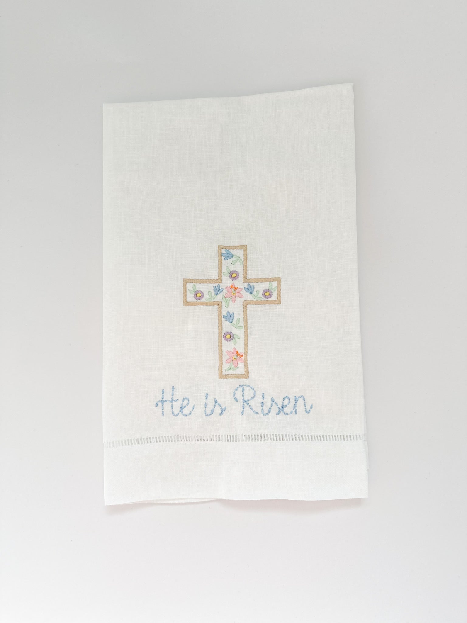 Embroidered Easter "He is Risen" Linen Hand Towel