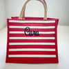 Monogrammed Medium Red Stripe Jute Tote Bag