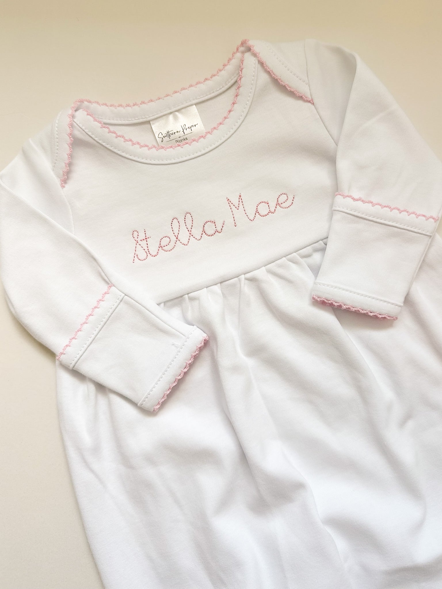 Monogrammed Picot Trim Baby Gown