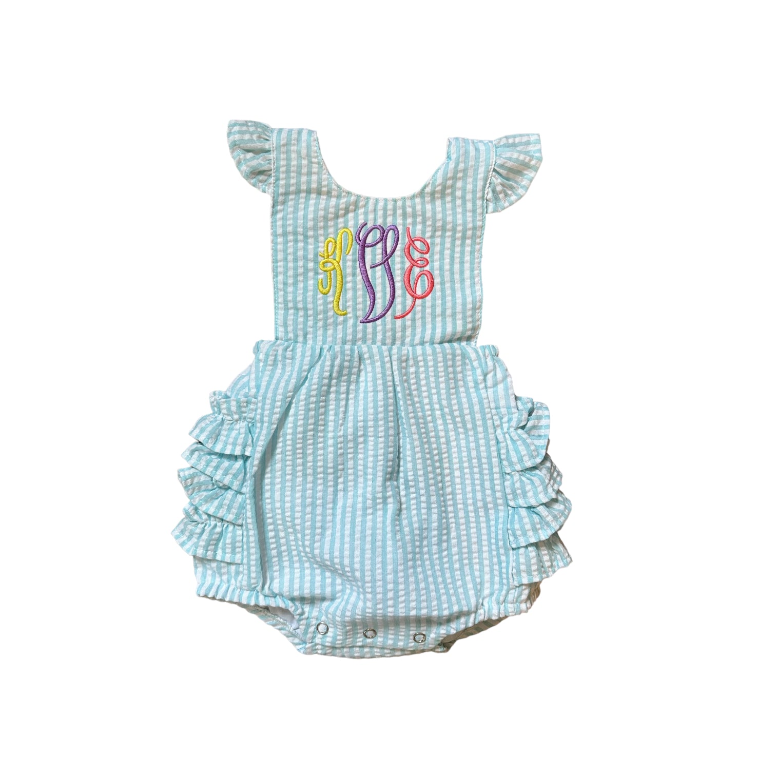 Monogrammed Girl's Seersucker Ruffle Sunsuit