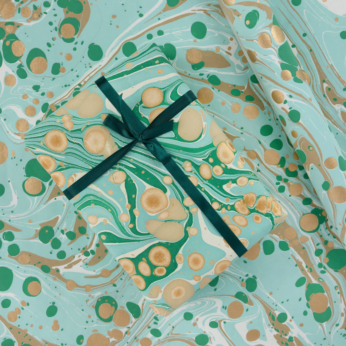 Hand Printed Marbled Wrapping Paper Sheets- Green Pebble