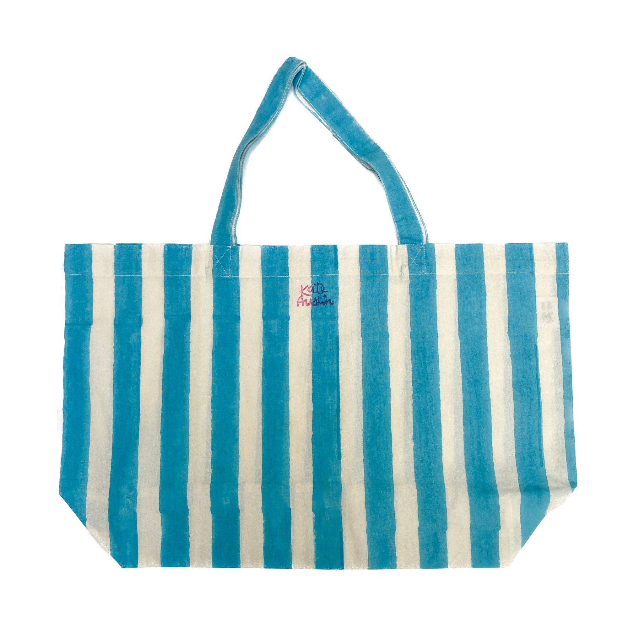 Market Tote- Cyan + White Cabana Stripe