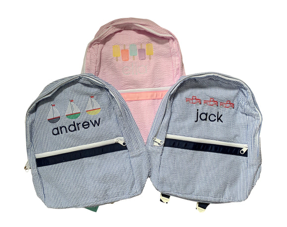 Monogrammed Medium Seersucker Backpack